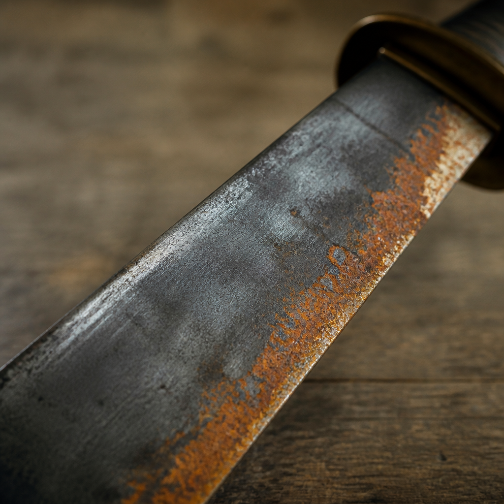 Close view of an old iron blade showing bright orange pitting corrosion along one edge next to a stable dark grey patina, with the surface texture of the metal clearly visible
