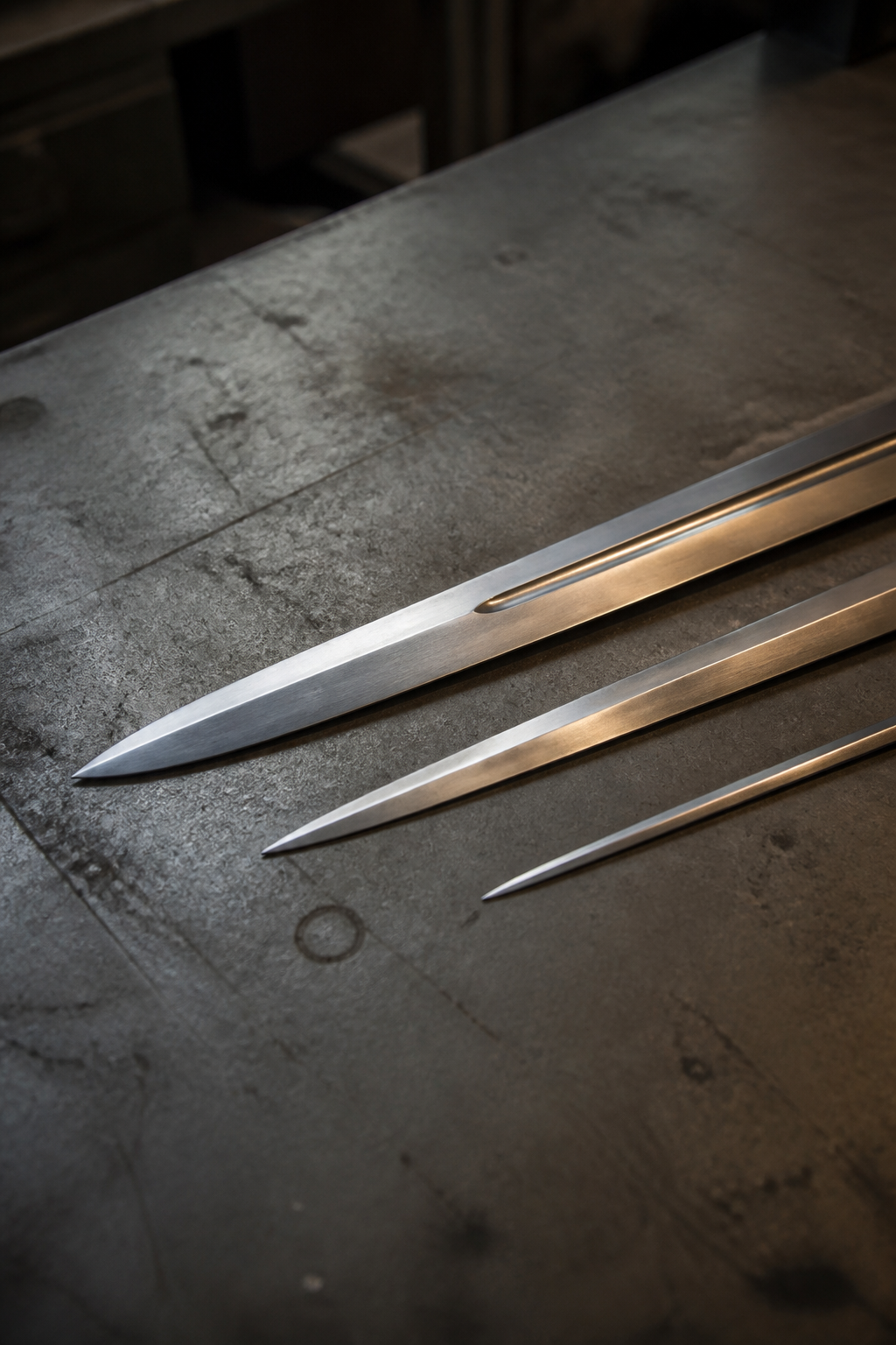 Three European sword blades laid side by side on a grey workbench with their points to the left: a broad fullered cutting blade, a tapering diamond section blade and a narrow stiff thrusting blade