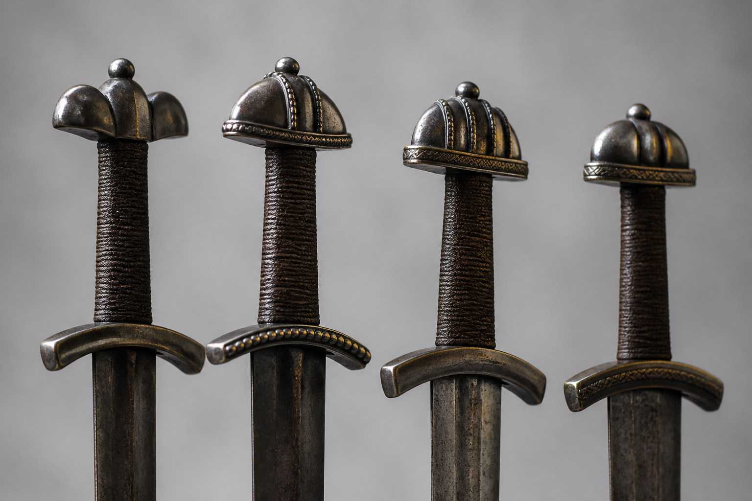 Four Viking age sword hilts seen from the side against a plain grey background, showing a lobed pommel, a tea cosy pommel, a curved lower guard and an upper guard inlaid with wire